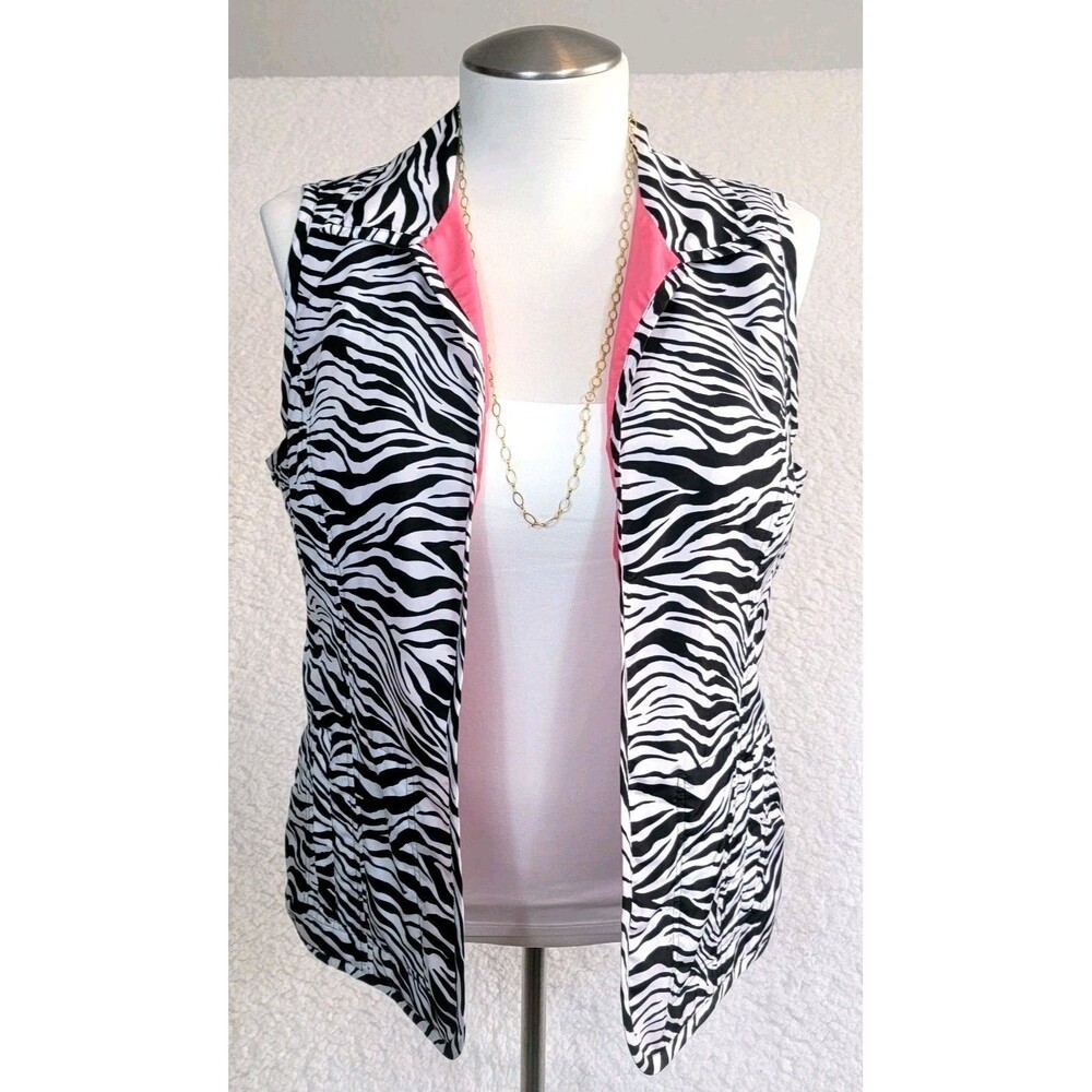 Chicos Weekends Women's Size 2 (Large) Vest Satin Zebra Animal Print Pink Collar